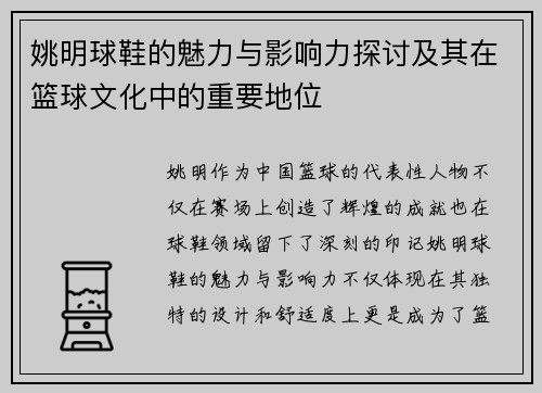 姚明球鞋的魅力与影响力探讨及其在篮球文化中的重要地位